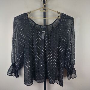 Lane Bryant Sheer Black Long Sleeve Blouse Gold Clip Dot Accent